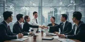 Professionals from various brands shaking hands, symbolizing successful brand partnerships and strategic collaboration for growth.