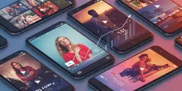 Dynamic short-form video clips on phones with brand logos and an engagement graph.