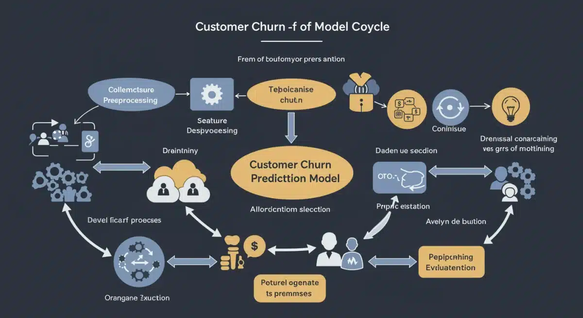 Customer churn prediction model lifecycle diagram with data processing, model training, and deployment.