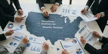 Data visualizations on a U.S. map, representing customer churn prediction and retention strategies.