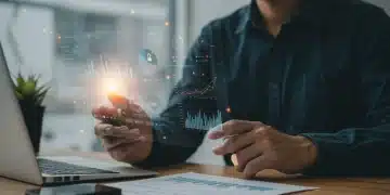 Marketer analyzing content audit data on a digital dashboard, showing improved SERP rankings.