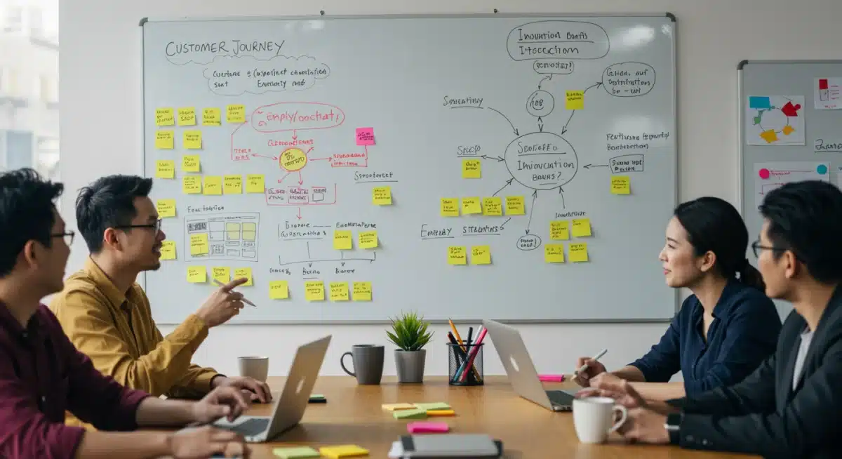 Marketing team brainstorming and mapping customer journey for enhanced brand experience.