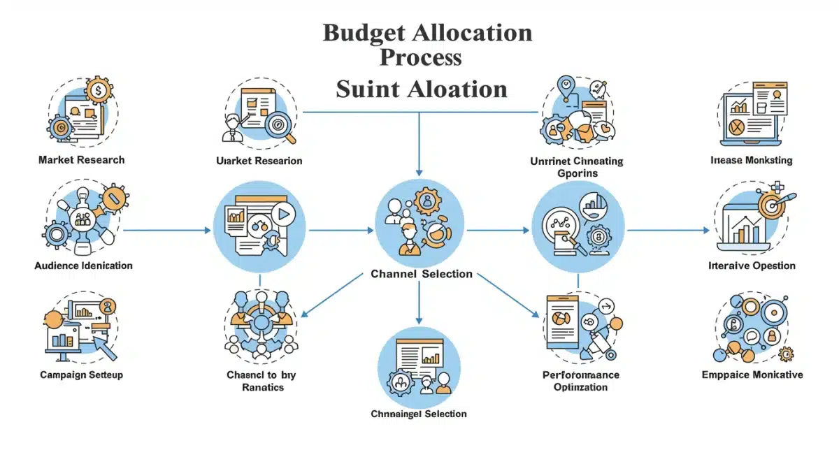 Flowchart illustrating a data-driven approach to ad budget allocation and continuous optimization.