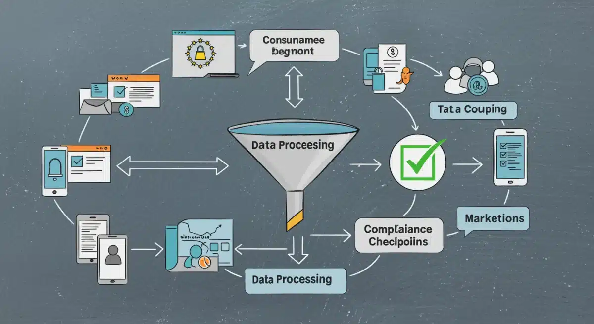 Infographic showing data flow with a compliance checkpoint for marketers