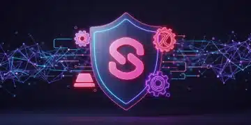 Digital shield protecting brand logo, symbolizing brand protection in 2025