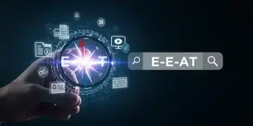 Digital compass pointing to E-E-A-T surrounded by diverse content types, symbolizing strategic content alignment with Google's guidelines.