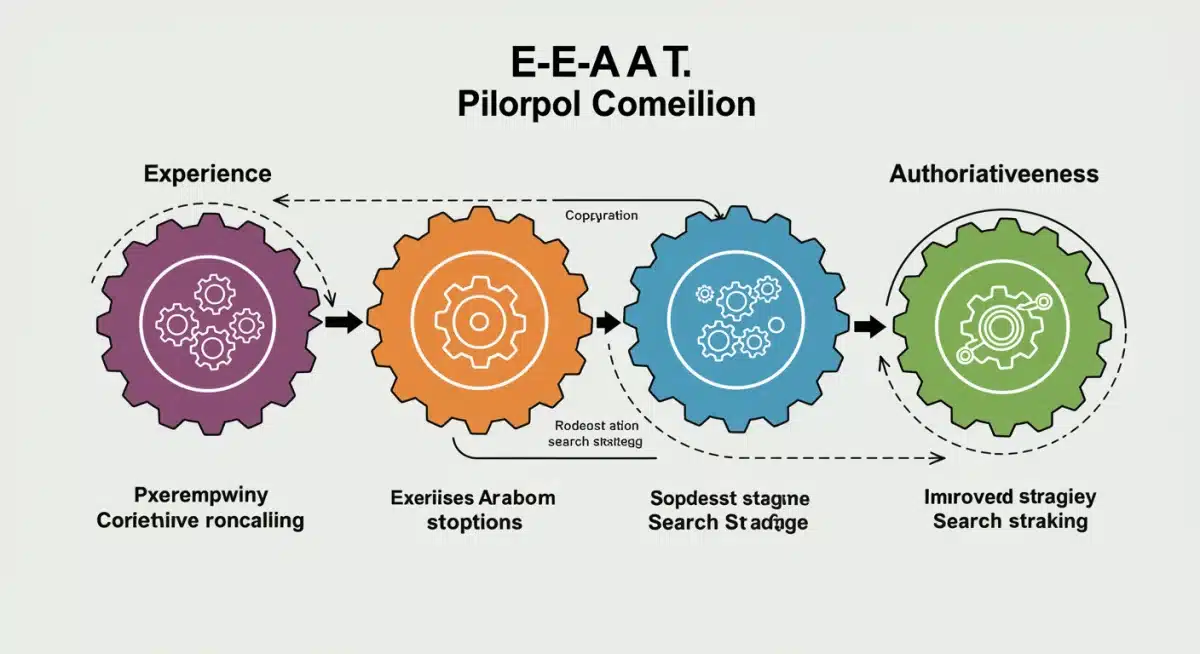 Infographic showing interconnected gears representing Experience, Expertise, Authoritativeness, and Trustworthiness, illustrating the E-E-A-T framework's components in content strategy.
