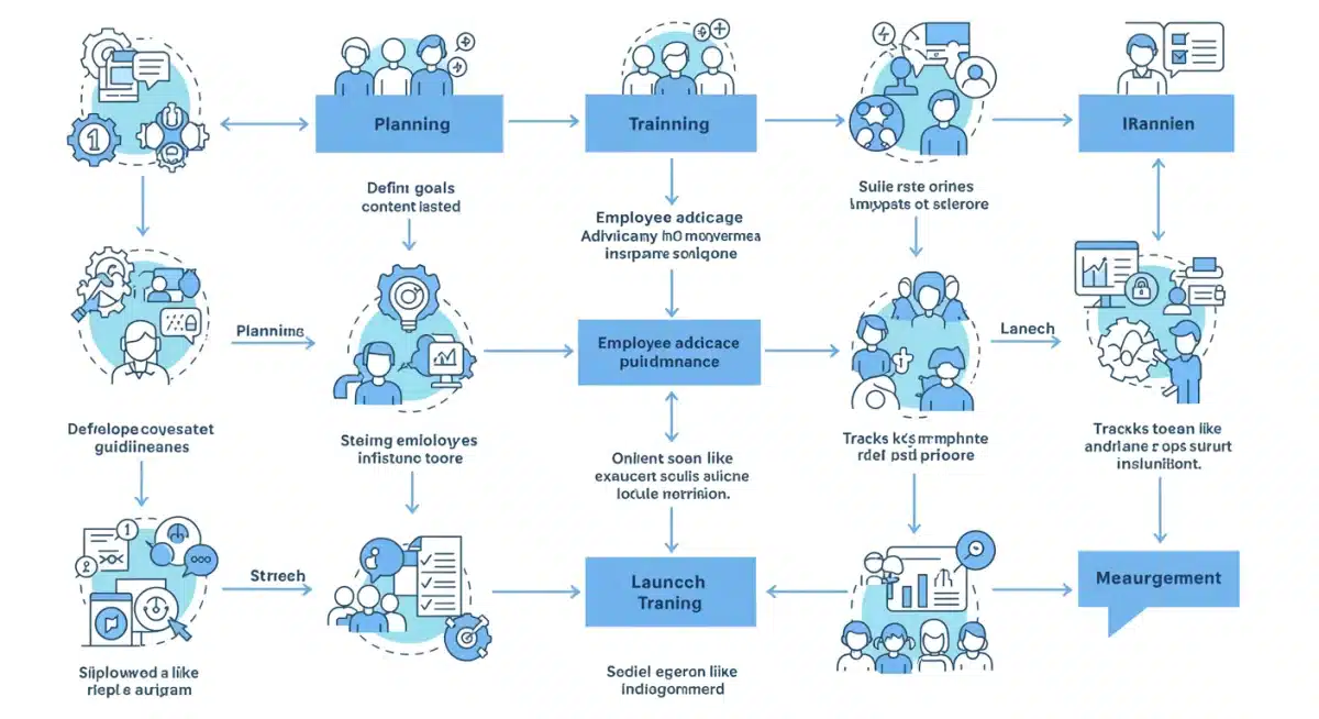 Flowchart depicting the six-month implementation phases of an employee advocacy program.