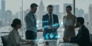 Professionals analyzing ethical data collection on holographic screen