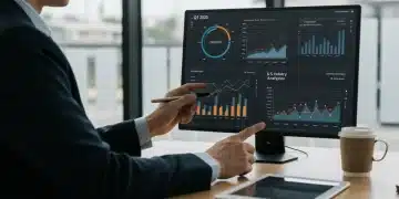 Executive analyzing digital performance dashboard with Q1 2025 U.S. analytics