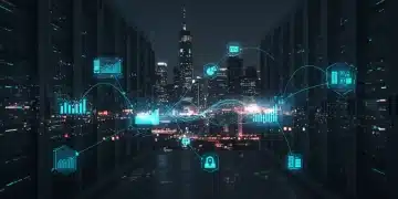 Futuristic data streams connecting business icons, representing advanced analytics platforms
