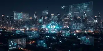Futuristic cityscape with digital ad streams representing programmatic advertising strategies in the U.S. for 2025.