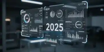 Futuristic SEO analytics dashboard with key data points for 2025 rankings