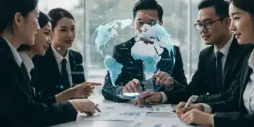 Global business team collaborating on international SEO strategy for market expansion.