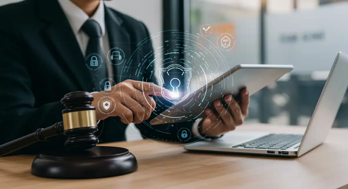 Legal professional reviewing digital intellectual property documents