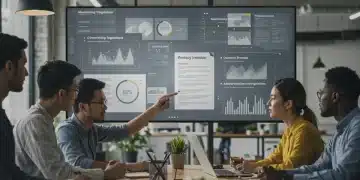 Marketing team analyzing 2025 ad policy changes on a large data screen