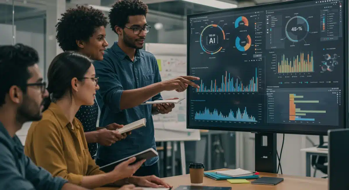Marketing team collaborating with AI analytics for strategic decisions