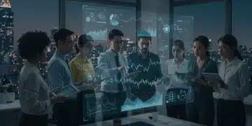 Marketing team analyzing real-time brand reputation data on a holographic display