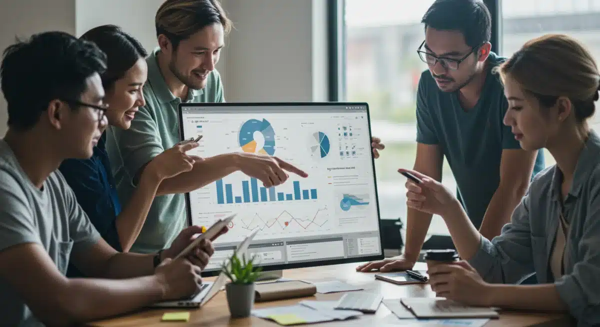 Diverse marketing team analyzing consumer data for brand strategy