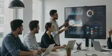 Marketing team presenting data storytelling insights for strategic decisions