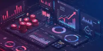 Futuristic dashboard showing performance marketing metrics and revenue growth for 2025