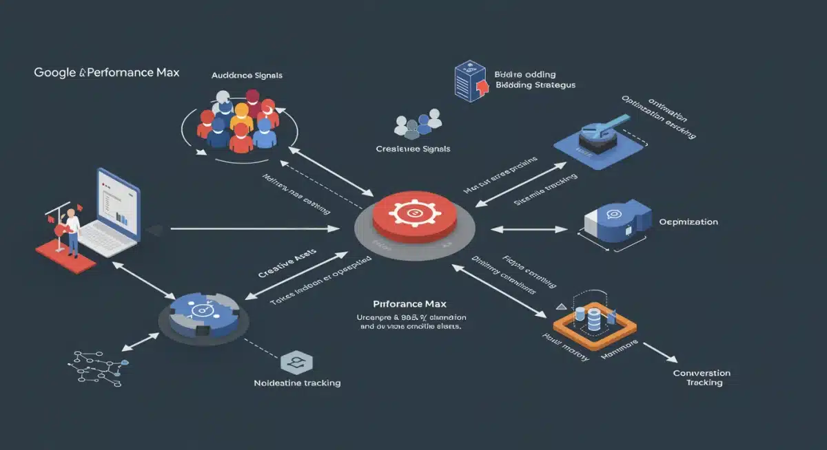 Infographic detailing the interconnected components and optimization cycle of Google Ads Performance Max.
