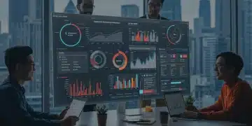 Futuristic dashboard showcasing predictive analytics for Q1 2025 digital marketing revenue growth