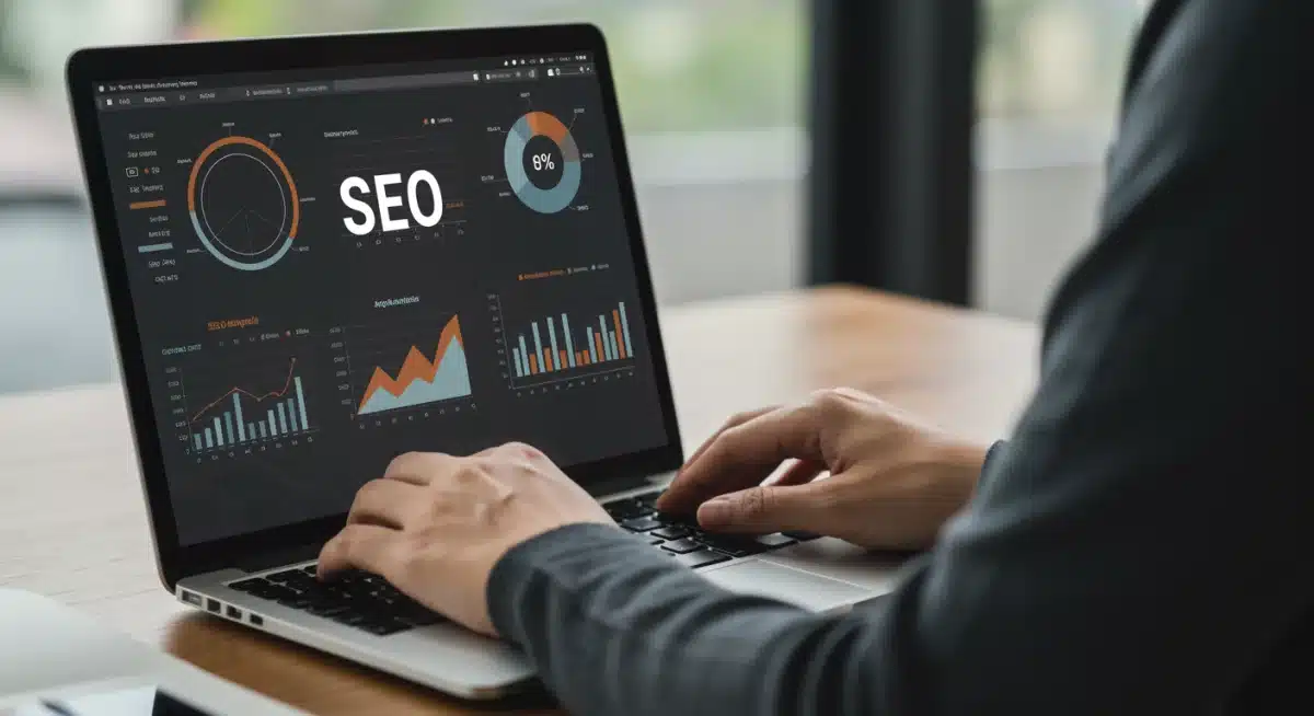 SEO specialist analyzing website performance metrics on a laptop, optimizing content strategy