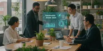 Professionals collaborating on sustainable brand strategy in eco-friendly office