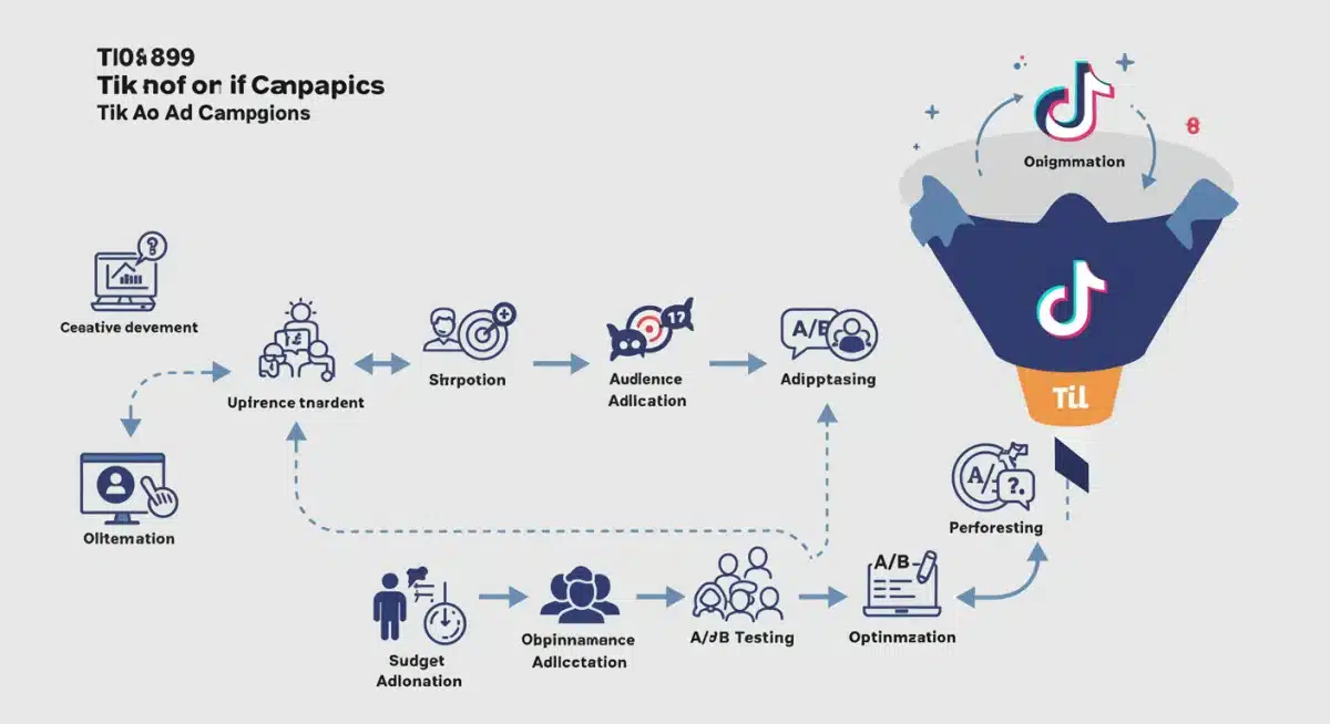 Detailed TikTok ad campaign optimization funnel with creative, targeting, and testing phases.