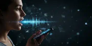 Futuristic digital interface showing voice search interaction and rising organic traffic metrics.